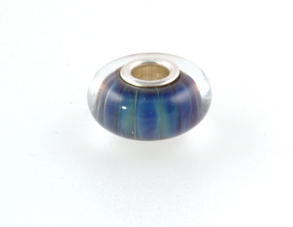 Silver Core Lampwork Glass Bead fits Pandora Blue Stripe