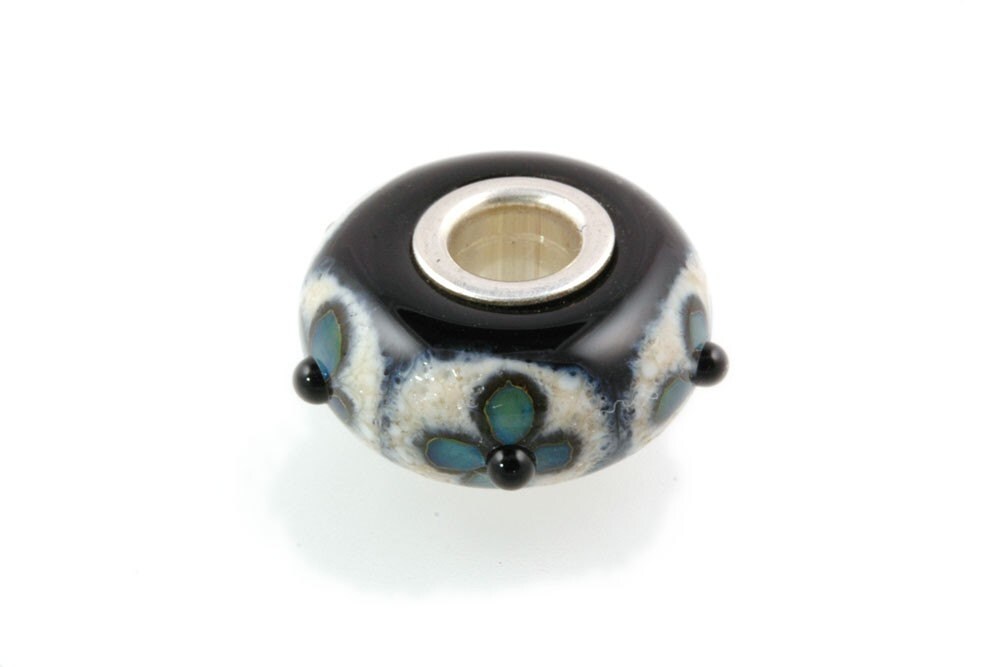 Silver Core Lampwork Glass Bead fits Pandora Teal Flowers