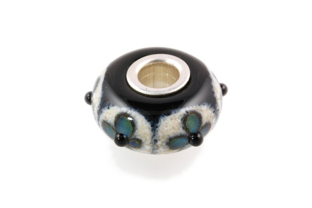 Silver Core Lampwork Glass Bead fits Pandora Teal Flowers