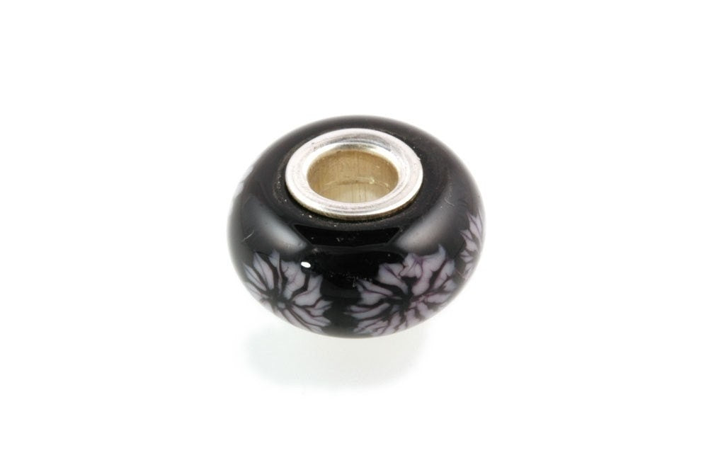 Large Hole Silver Core Lampwork Glass Bead Leaf on Black-OOAK