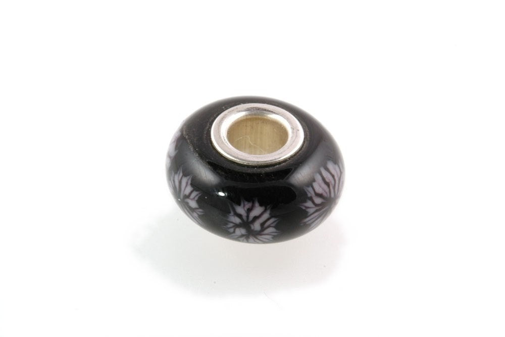 Large Hole Silver Core Lampwork Glass Bead Leaf on Black-OOAK