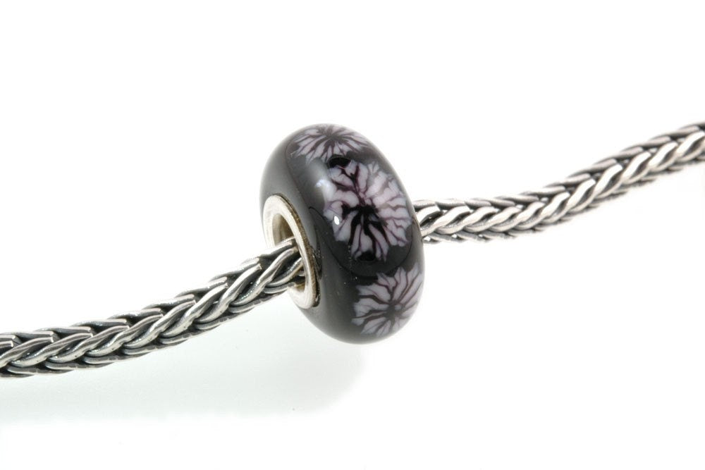 Large Hole Silver Core Lampwork Glass Bead Leaf on Black-OOAK