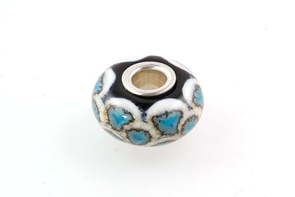 European Big Hole Silver Core Lampwork Glass Bead Turquoise Scales
