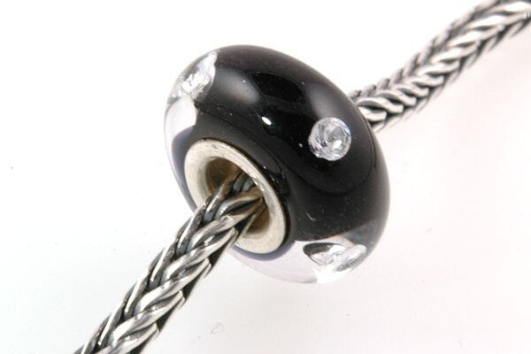 Silver Core European Style Lampwork Glass Bead Black CZ