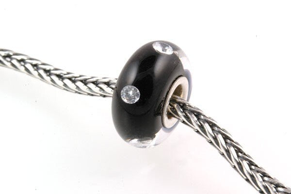 Silver Core European Style Lampwork Glass Bead Black CZ