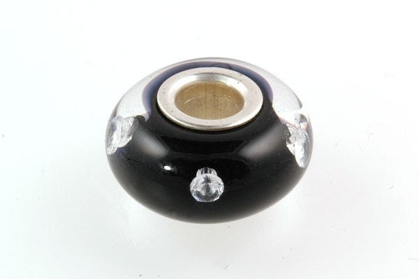 Silver Core European Style Lampwork Glass Bead Black CZ
