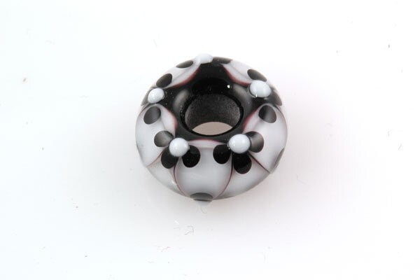 Lampwork Glass Bead Big Hole European Charm Black and White Flowers