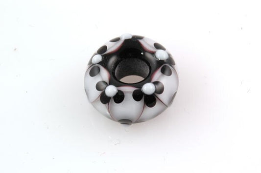 Lampwork Glass Bead Big Hole European Charm Black and White Flowers