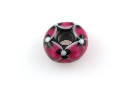 European Big Hole Lampwork Glass Bead Pink, Black and White Flowers