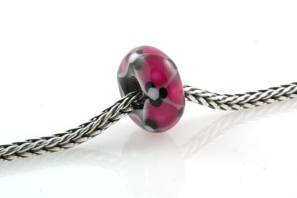 European Big Hole Lampwork Glass Bead Pink, Black and White Flowers