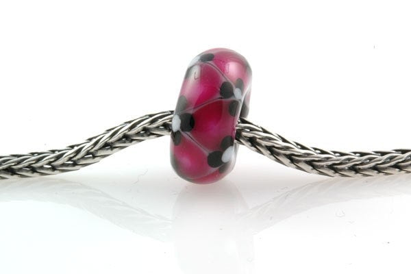 European Big Hole Lampwork Glass Bead Pink, Black and White Flowers
