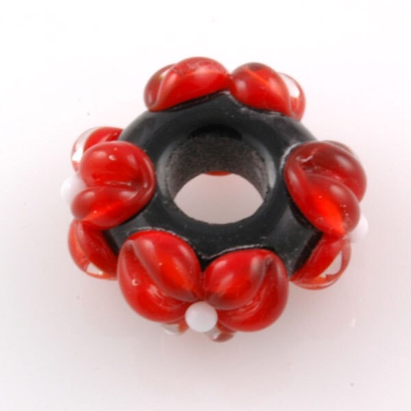 Lampwork Glass European Charm Bead Red Flowers SRA