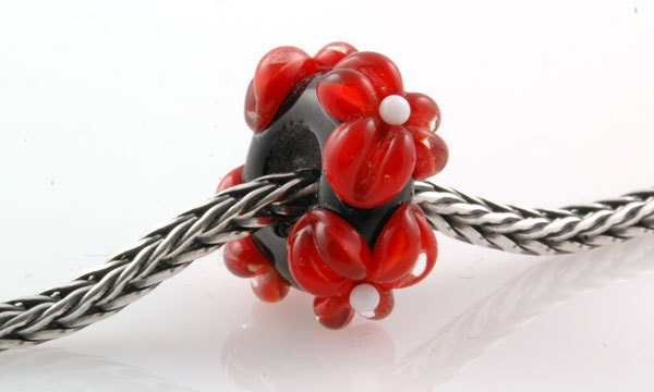 Lampwork Glass European Charm Bead Red Flowers SRA