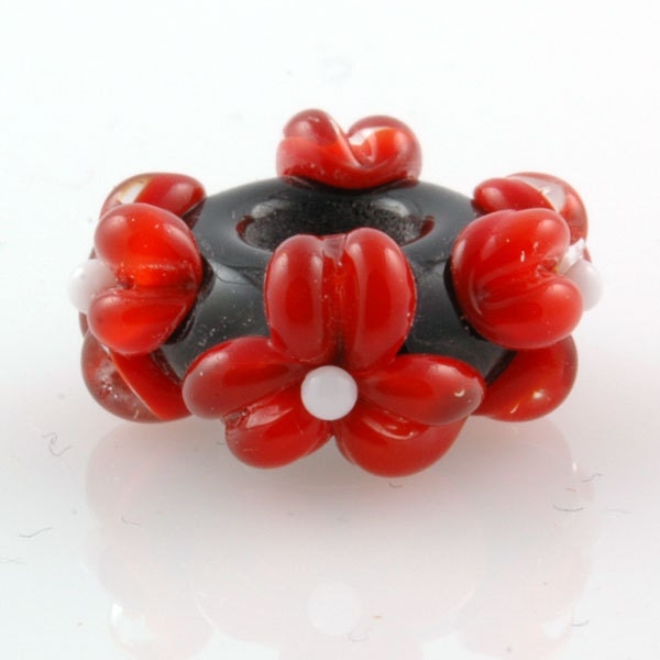 Lampwork Glass European Charm Bead Red Flowers SRA