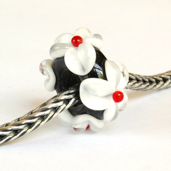 Big Hole Lampwork Glass Bead Black, White and Red Flowers