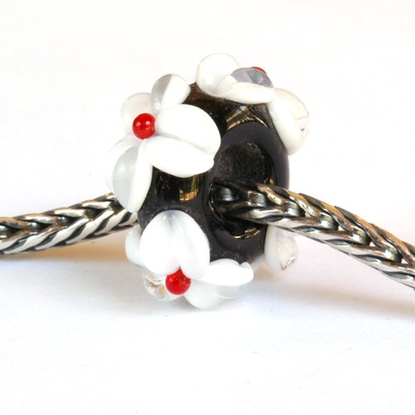 Big Hole Lampwork Glass Bead Black, White and Red Flowers