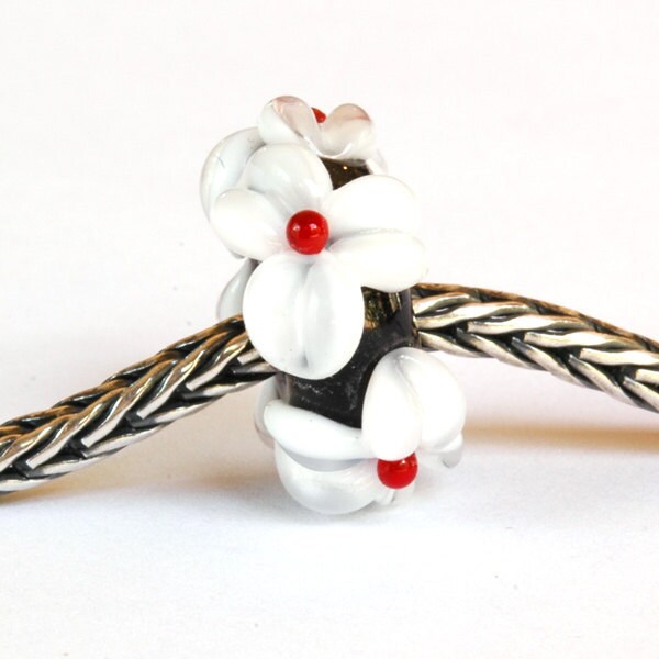 Big Hole Lampwork Glass Bead Black, White and Red Flowers