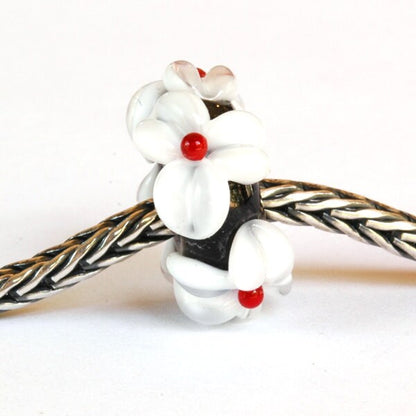 Big Hole Lampwork Glass Bead Black, White and Red Flowers