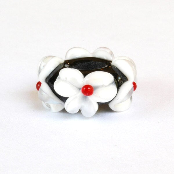 Big Hole Lampwork Glass Bead Black, White and Red Flowers