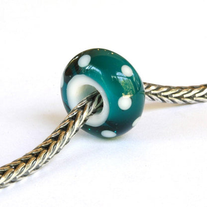 Big Hole Euro Lampwork Glass Bead Teal & White Dots