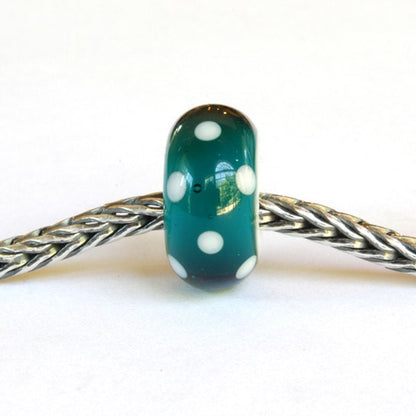 Big Hole Euro Lampwork Glass Bead Teal & White Dots