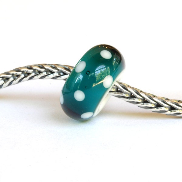 Big Hole Euro Lampwork Glass Bead Teal & White Dots