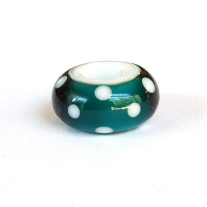 Big Hole Euro Lampwork Glass Bead Teal & White Dots