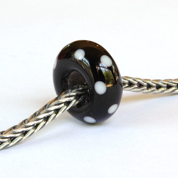 Big Hole European Charm Lampwork Glass Bead Black & White Polka Dots