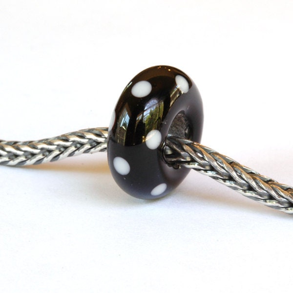 Big Hole European Charm Lampwork Glass Bead Black & White Polka Dots