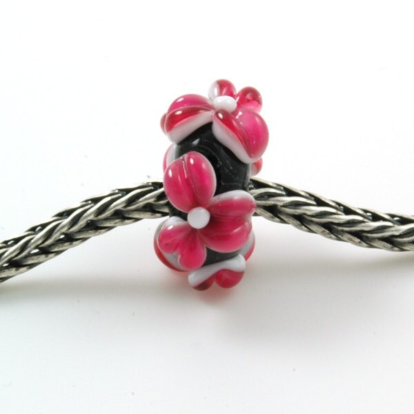 European Charm Bead Big Hole Lampwork Glass Bead Hot Pink Flowers
