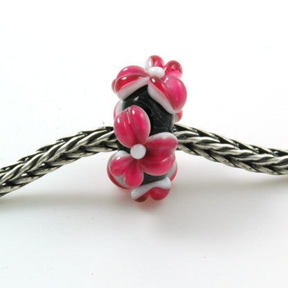 European Charm Bead Big Hole Lampwork Glass Bead Hot Pink Flowers