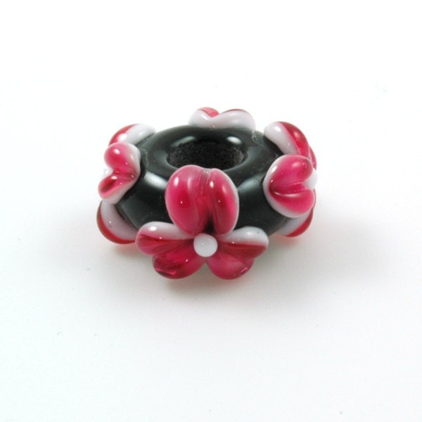 European Charm Bead Big Hole Lampwork Glass Bead Hot Pink Flowers