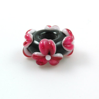 European Charm Bead Big Hole Lampwork Glass Bead Hot Pink Flowers