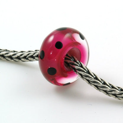European Charm Bead Big Hole Lampwork Glass Bead Hot Pink with Black Polka Dots
