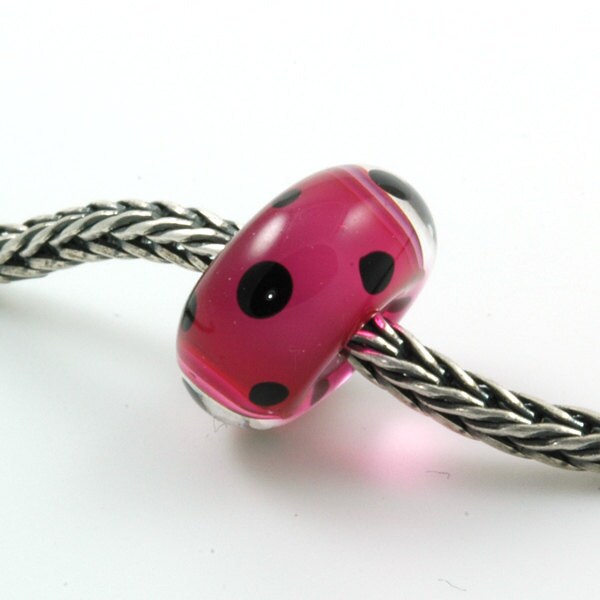 European Charm Bead Big Hole Lampwork Glass Bead Hot Pink with Black Polka Dots