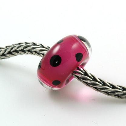 European Charm Bead Big Hole Lampwork Glass Bead Hot Pink with Black Polka Dots