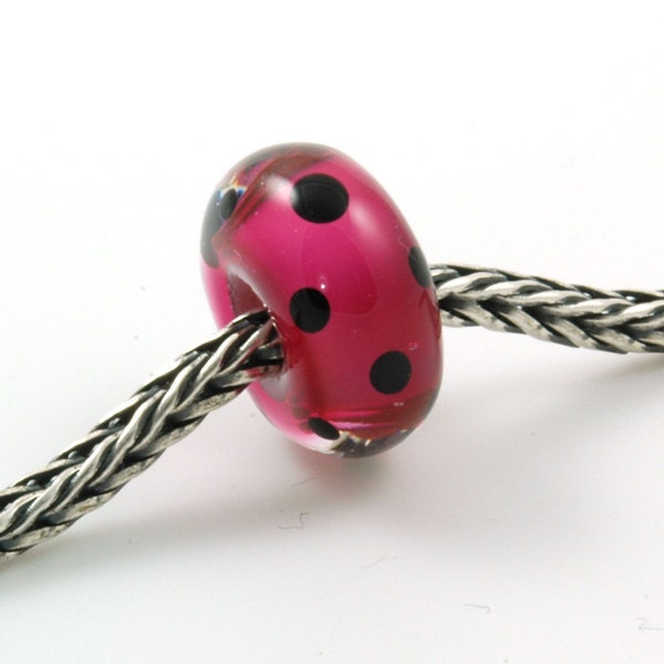 European Charm Bead Big Hole Lampwork Glass Bead Hot Pink with Black Polka Dots