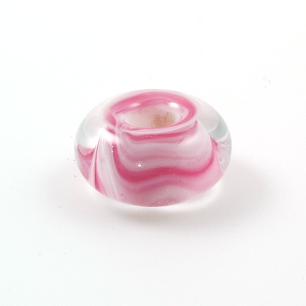European Charm Bead Big Hole Lampwork Glass Bead Encased Pink Swirl