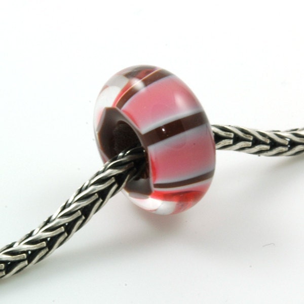 Large Hole European Style Pink and Red Striped Lampwork Glass Bead
