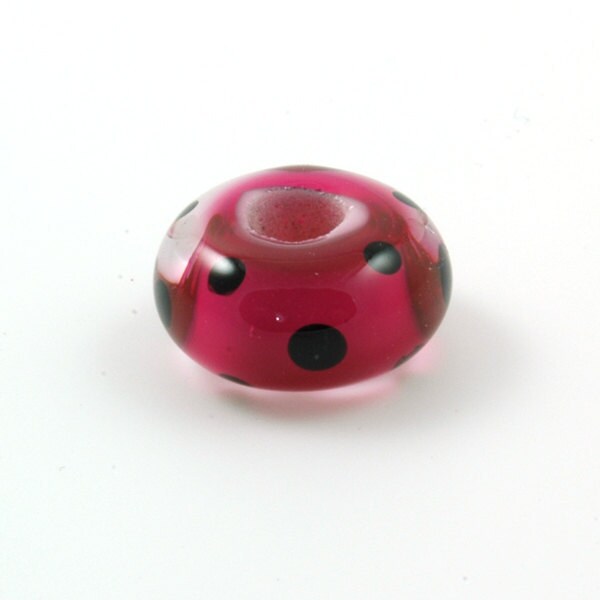 European Charm Bead Big Hole Lampwork Glass Bead Hot Pink with Black Polka Dots
