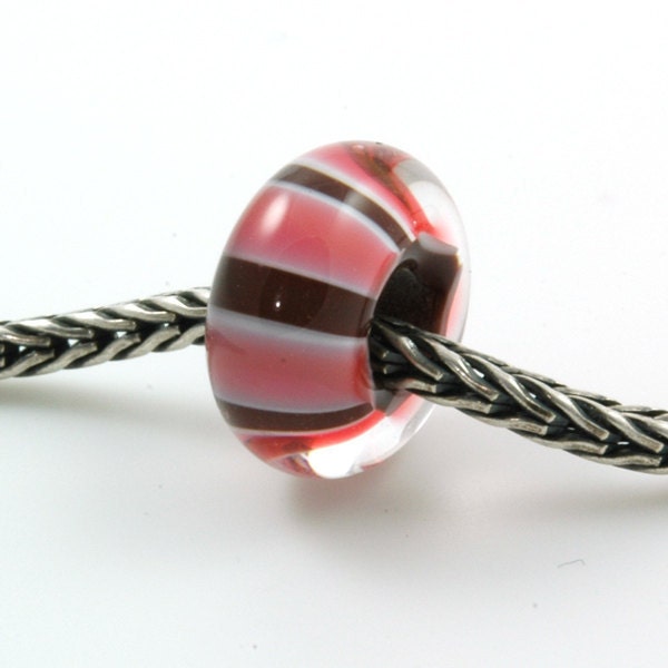 Large Hole European Style Pink and Red Striped Lampwork Glass Bead