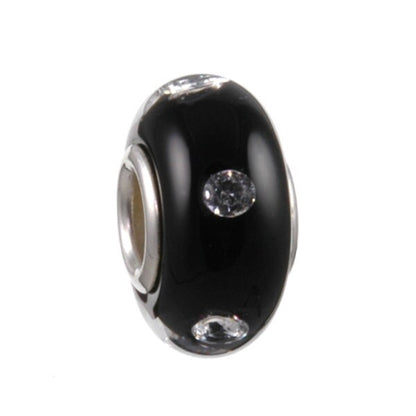 Silver Core European Style Lampwork Glass Bead Black CZ