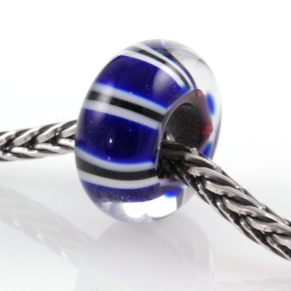 European Charm Bead Big Hole Lampwork Glass Cobalt Blue Striped Bead