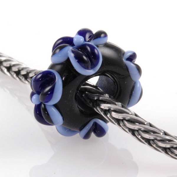 European Charm Bead Big Hole Lampwork Glass Bead Cobalt Blue Flower