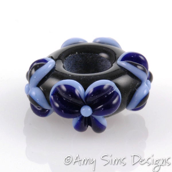 European Charm Bead Big Hole Lampwork Glass Bead Cobalt Blue Flower