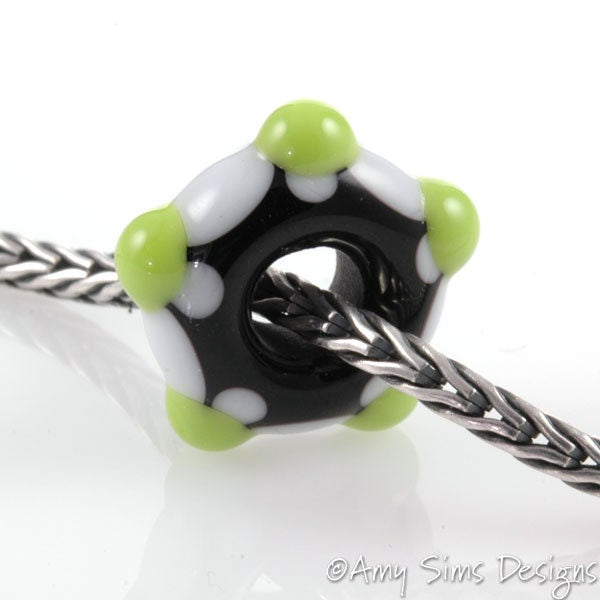European Charm Bead Big Hole Lampwork Glass Green 5 Dot Bead
