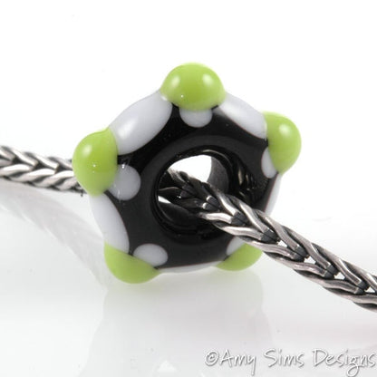 European Charm Bead Big Hole Lampwork Glass Green 5 Dot Bead