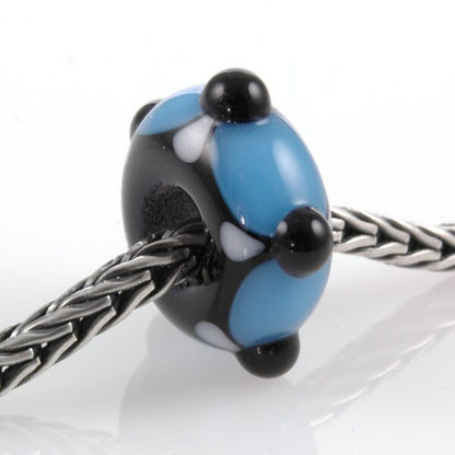 European Charm Bead Big Hole Lampwork Glass Blue 5 Dot Bead