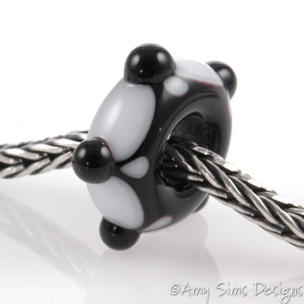 Big Hole European Style Lampwork Glass Bead Black and White 5 Dot Bead