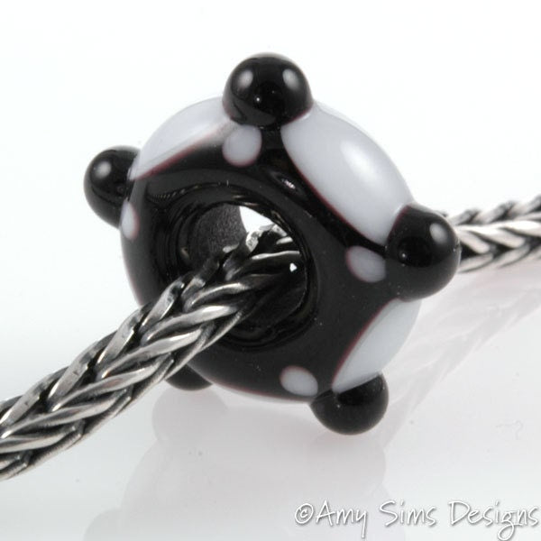 Big Hole European Style Lampwork Glass Bead Black and White 5 Dot Bead